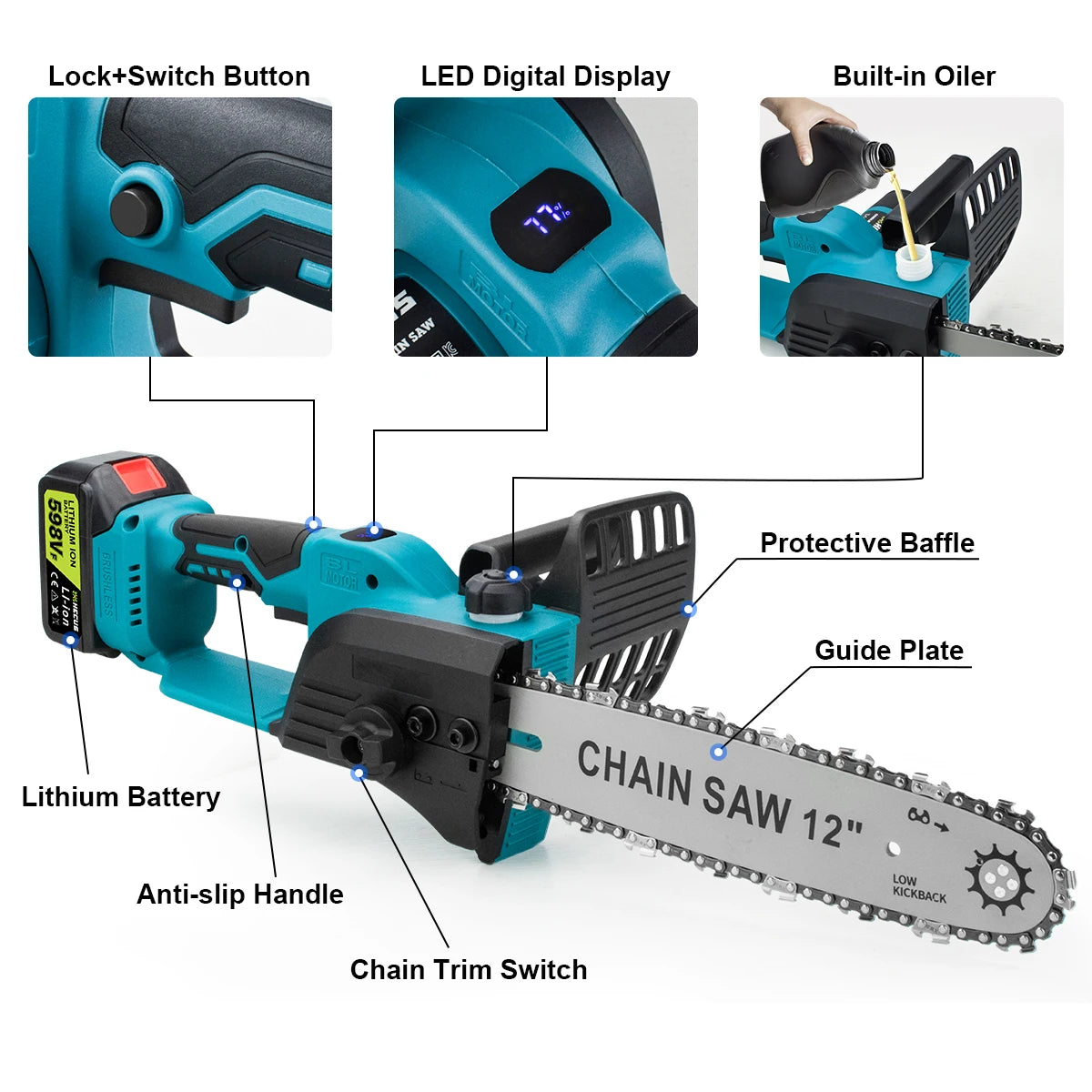 Makita Compatible 18V Gisam 12 Inch Brushless Electric Chain Saw With Oiler Cordless Handheld Chainsaw Graden Pruning Saw Power Tools for Makita 18V Battery