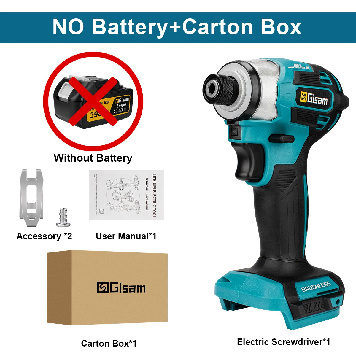 Makita 18V compatible Gisam 688N.m 1/4'' Brushless Electric Screwdriver Cordless Screwdriver Electric Drill Impact Driver Kit for Makita 18V Battery Pin