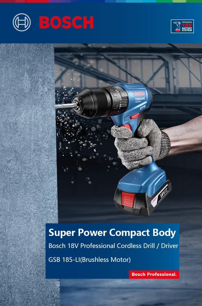 Bosch GSB 185-LI 18V Brushless Cordless Impact Drill 1900RPM Multifunctional Electric Screwdriver Power Tools Rotary Tool