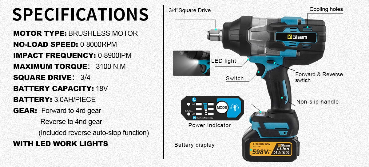 Makita compatible 18V Gisam 3100N.M High Torque Brushless Electric Impact Wrench 3/4 inch Cordless Electric Wrench Tools For Makita 18V Battery Pin