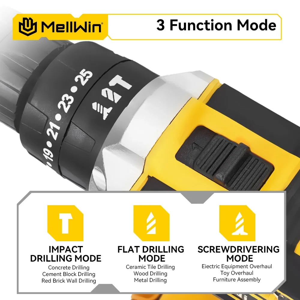 MELLWIN 25+3 Torque Electric Drill 12V Cordless Drill Electric Screwdriver 2 Gear Speed Adjustable Mini Electric Driver Tool Set