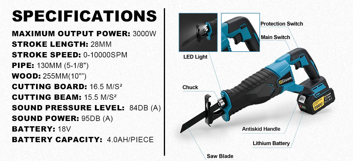 Makita Compatible 18V Gisam 3000W 10000SPM Electric Reciprocating Saw Electric Chainsaw Saber Saw Portable Cordless Tool For makita 18v battery pin