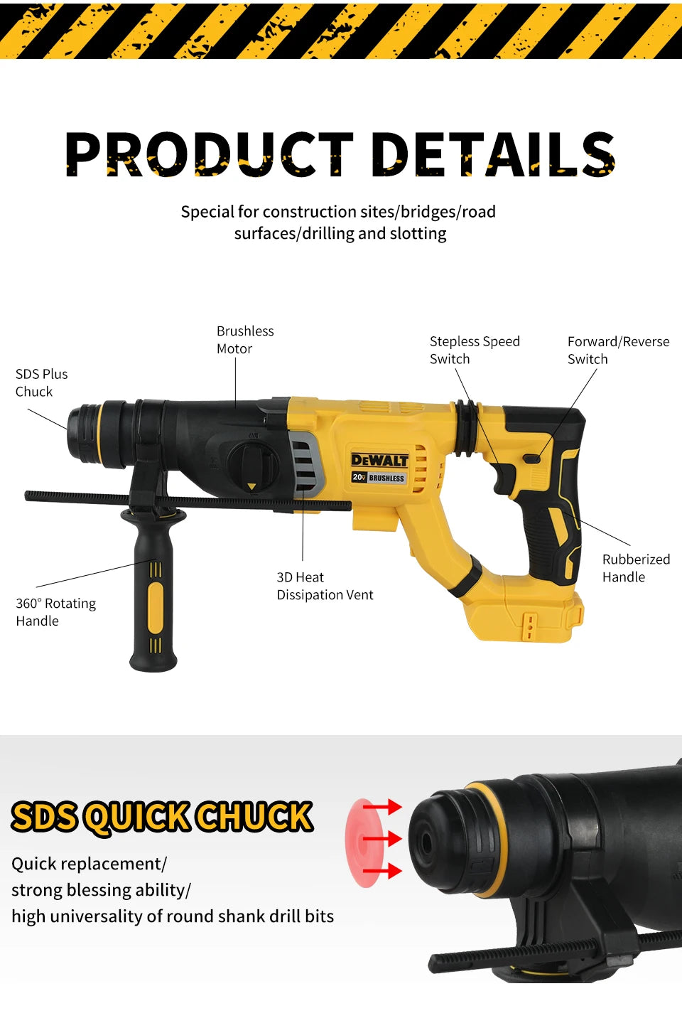 DEWALT DCH263 18V - 20V Max Brushless Wireless Hammer SDS Handle in D Rotary Electric Hammer Concrete Wall Drill Hole Power Tools