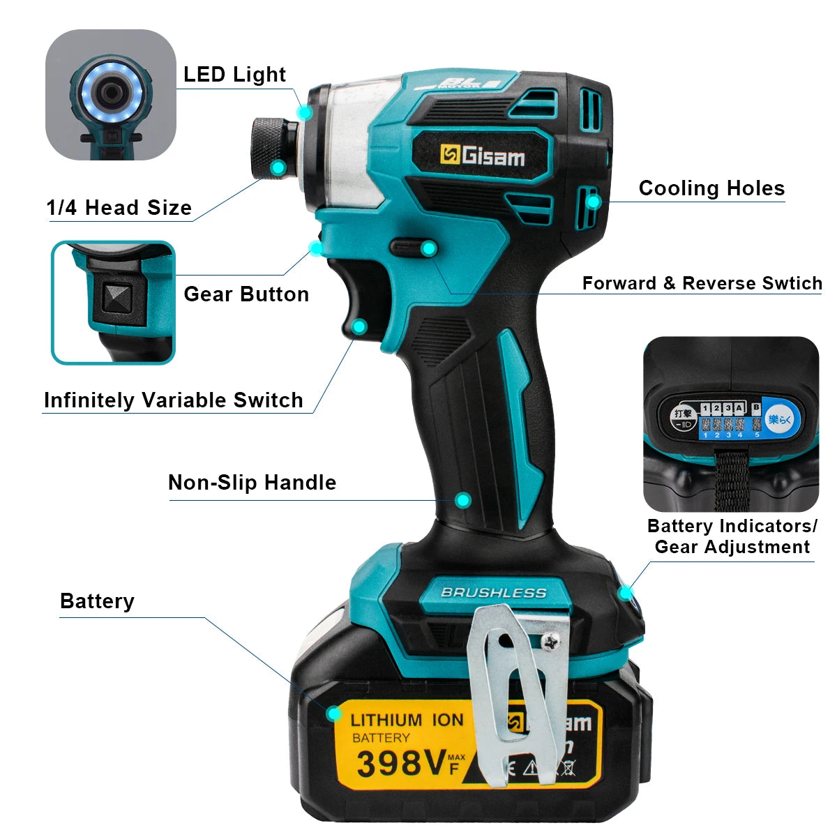 Makita 18V compatible Gisam 688N.m 1/4'' Brushless Electric Screwdriver Cordless Screwdriver Electric Drill Impact Driver Kit for Makita 18V Battery Pin