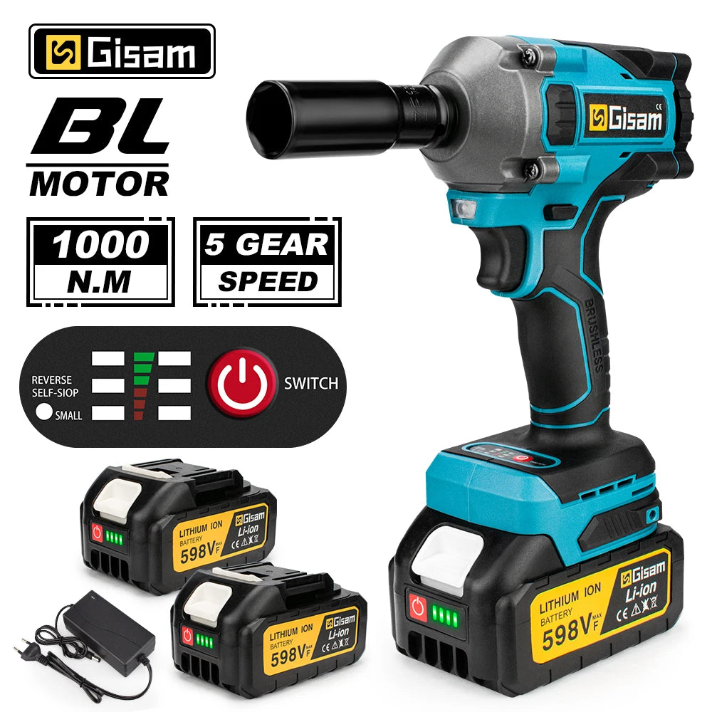 Makita 18V compatible Gisam 520N.M Brushless Electric Impact Wrench Cordless Electric Wrench 1/2inch for Makita 18V Battery Pin Screwdriver Power Tool