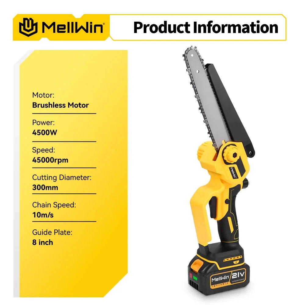 Makita Compatible 18V MELLWIN 4500W 8 inch Brushless Electric Pruning Saw Cordless Rechargeable Woodworking Saw Power Tool For Makita 18V Battery Pin