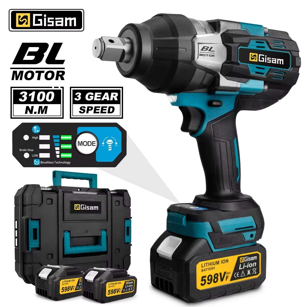 Makita compatible 18V Gisam 3100N.M High Torque Brushless Electric Impact Wrench 3/4 inch Cordless Electric Wrench Tools For Makita 18V Battery Pin