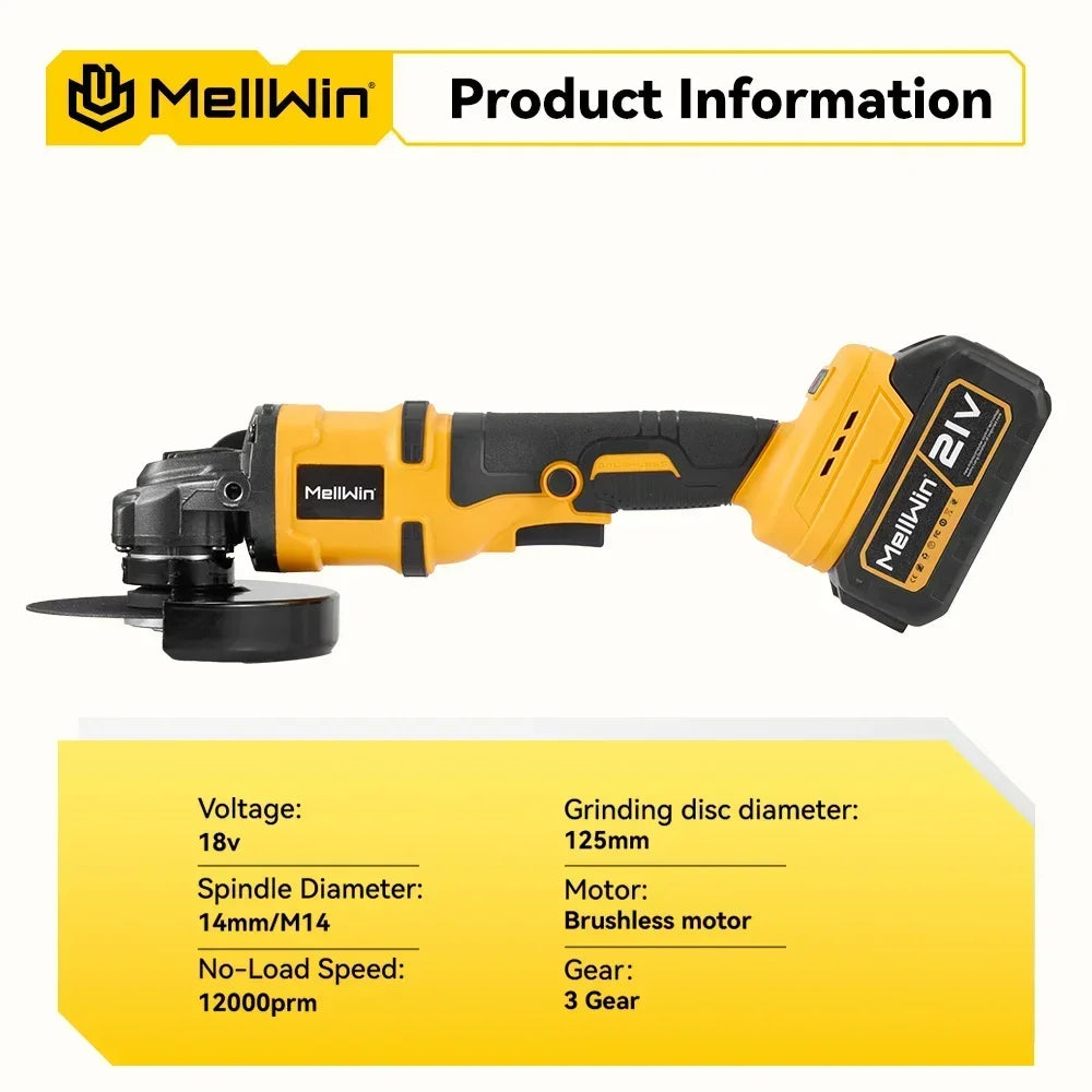Makita Compatible 18V MELLWIN 125MM Brushless Electric Angle Grinder M14 Cordless Metal Wood Grinding Polishing Cutting Tool For Makita 18VBattery Pin