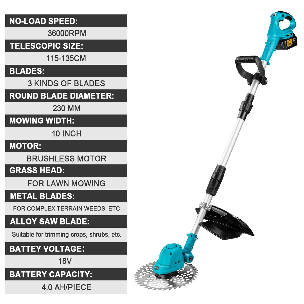 Makita Compatible 18V Gisam 10Inch Brushless Electric Lawn Mower 36000RPM Grass Trimmer Length Adjustable Garden Power Tool For Makita 18V Battery Pin