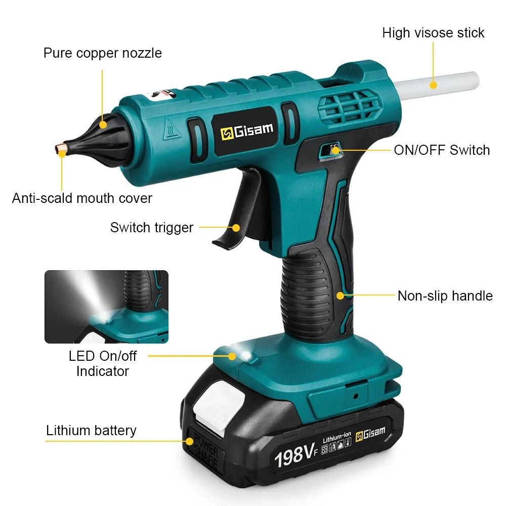 Makita compatible 18V Gisam Electric Hot Glue Gun with 2x batteries Cordless Heat Gun Battery Hot Silicone Gun DIY Hand Tool  for Makita 18V Battery with 10 Hot Melt Adhesive
