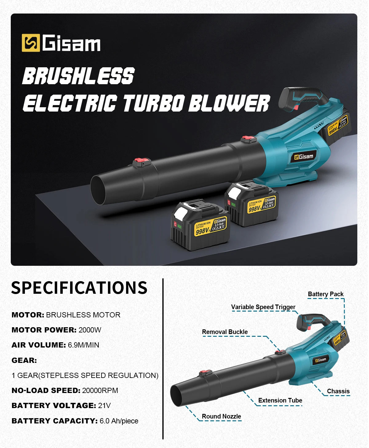 Makita Compatible 18V Gisam 2000W Brushless Electric Air Blower Cordless Leaf Blower Leaves Snow Dust Cleaning Tool Fit For Makita 18V Battery Pins