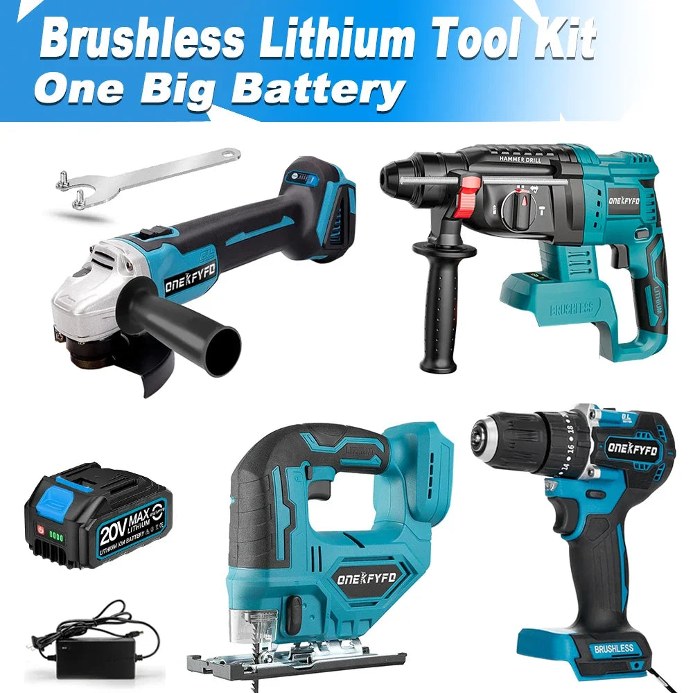 Makita Compatible 4 Pc Tool Sets Brushless Cordless Angle Grinder +Electric Hammer Drill +Jigsaw + 172 Electric Drill for Makita 18V Battery
