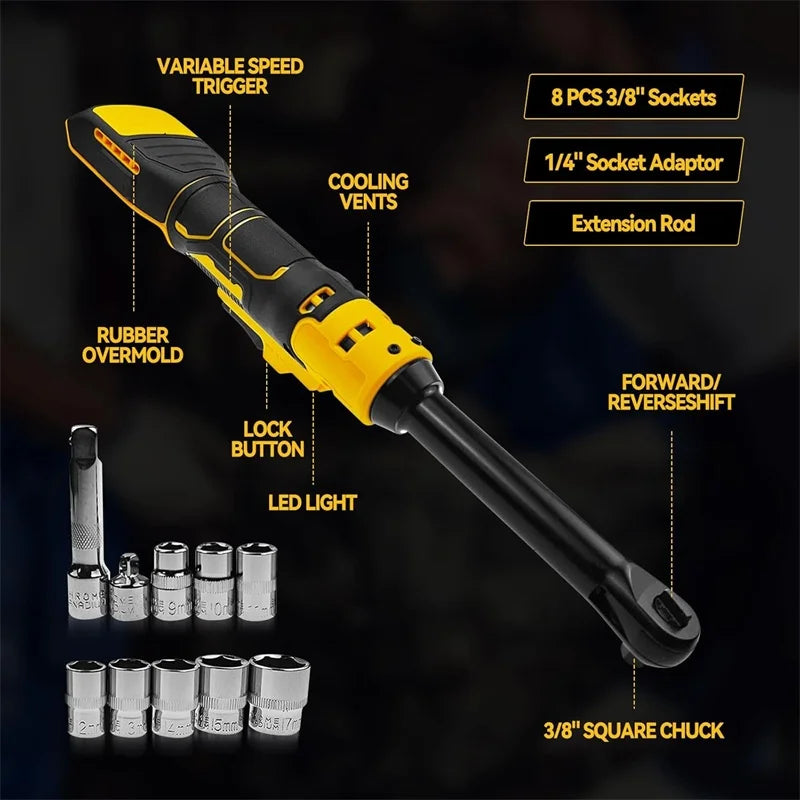 DeWalt Makita Milwaukee Compatible 18V 20V Max JV 3/8" Extended Cordless Ratchet Wrench , Electric Power Ratchet with LED Light For Makita/Dewalt/Milwaukee 18V Li-ion Battery