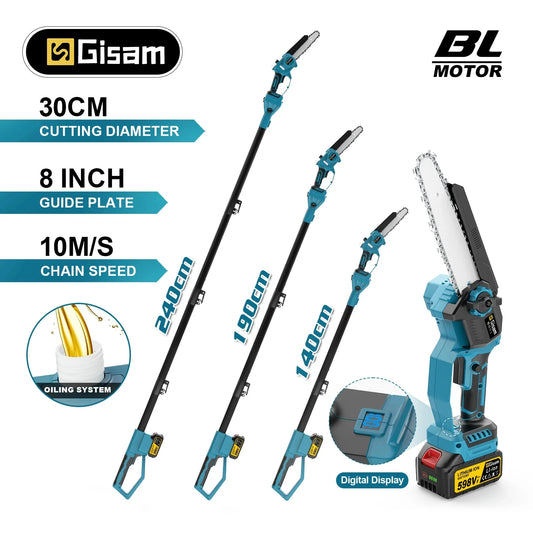 Makita 18V compatible Gisam 8Inch Brushless Telescoping Pole Electric Chainsaw High Branch Saw Garden Pruning Power Tool For Makita 18V Battery Pin