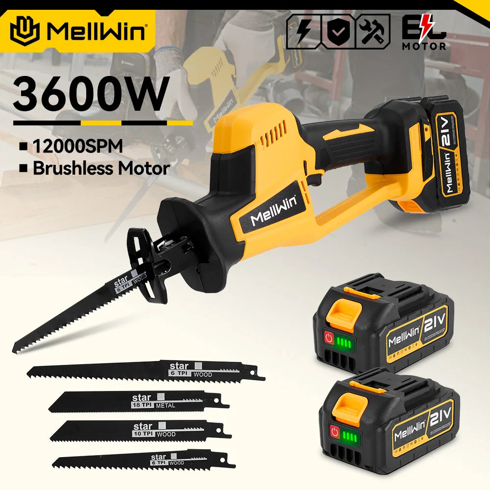 Makita Compatible 18V MELLWIN 3600W Cordless Brushless Electric Reciprocating Saw 12000SPM Wood Metal Pipe Cutting Saw Tool For Makita 18V Battery Pin
