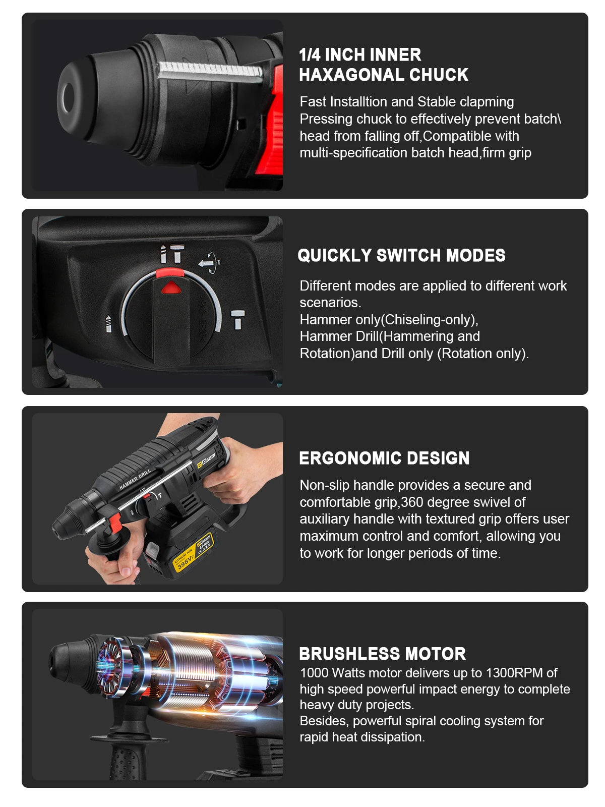 Gisam JV Brushless Electric Hammer Drill 26MM Multifunctional Cordless Rechargeable Screwdriver Tool For Makita 18V Battery Pins