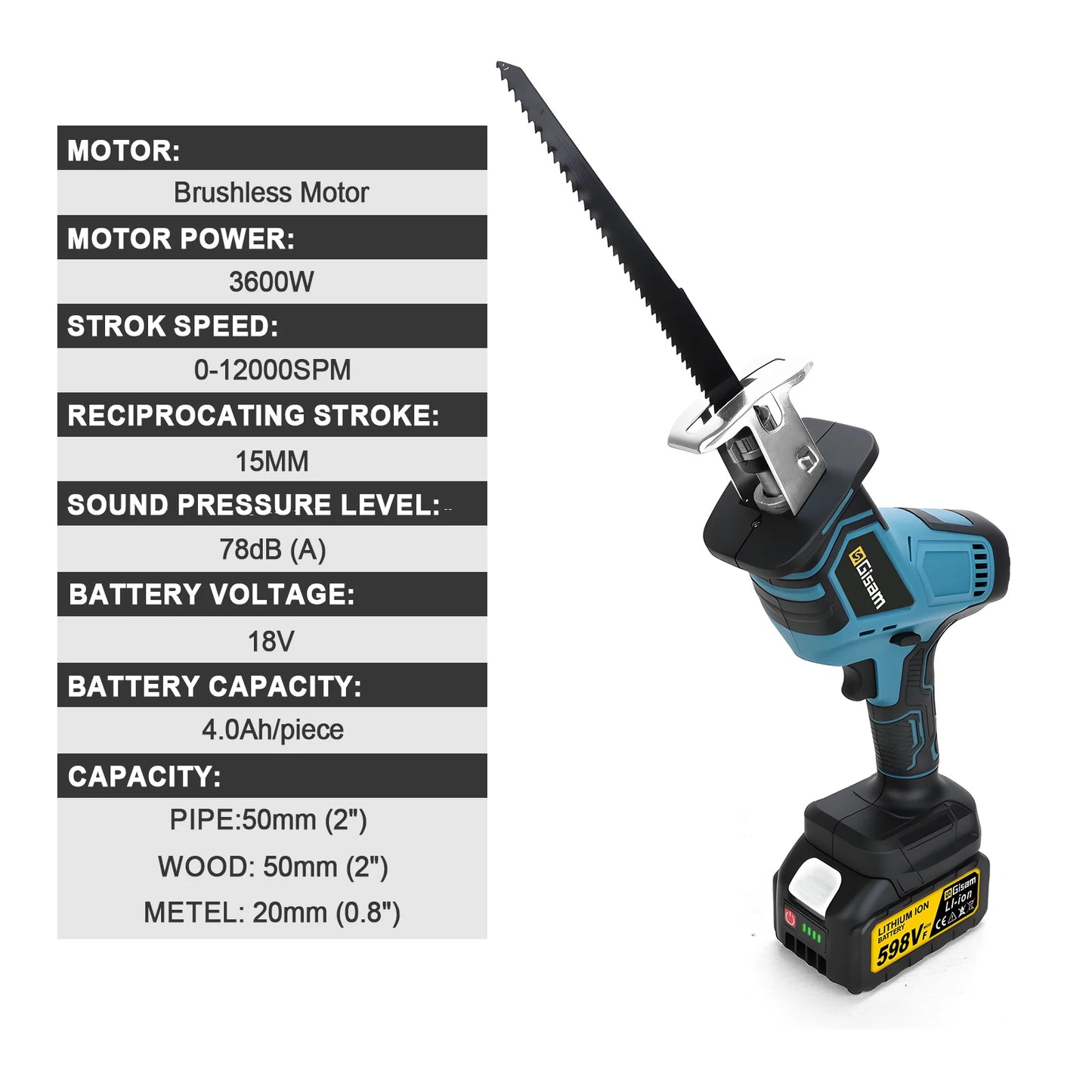 Makita Compatible 18V Gisam 12000Spm 3600W Brushless Reciprocating Saw Cordless Electric Chainsaw Wood Metal Cutting Tools For makita 18v battery pins