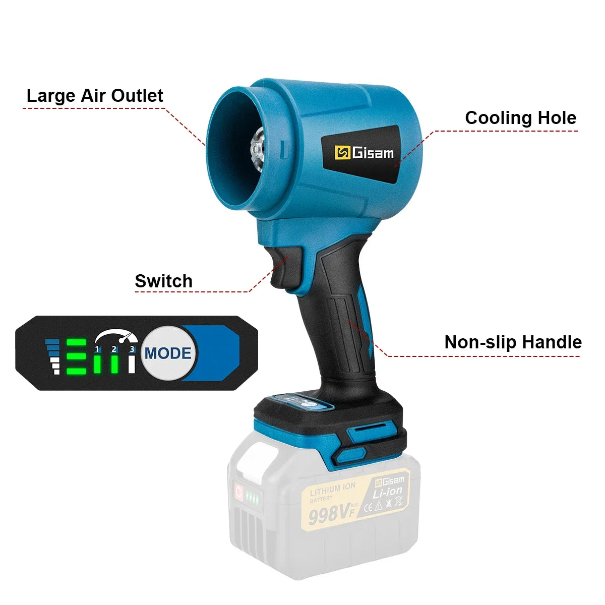 Makita Compatible 18V Gisam 300000RPM 400M/S Brushless Electric Turbo Blowers Jet Fan Handheld Leaf Blower Dust Blowing for Makita 18V Battery Pins