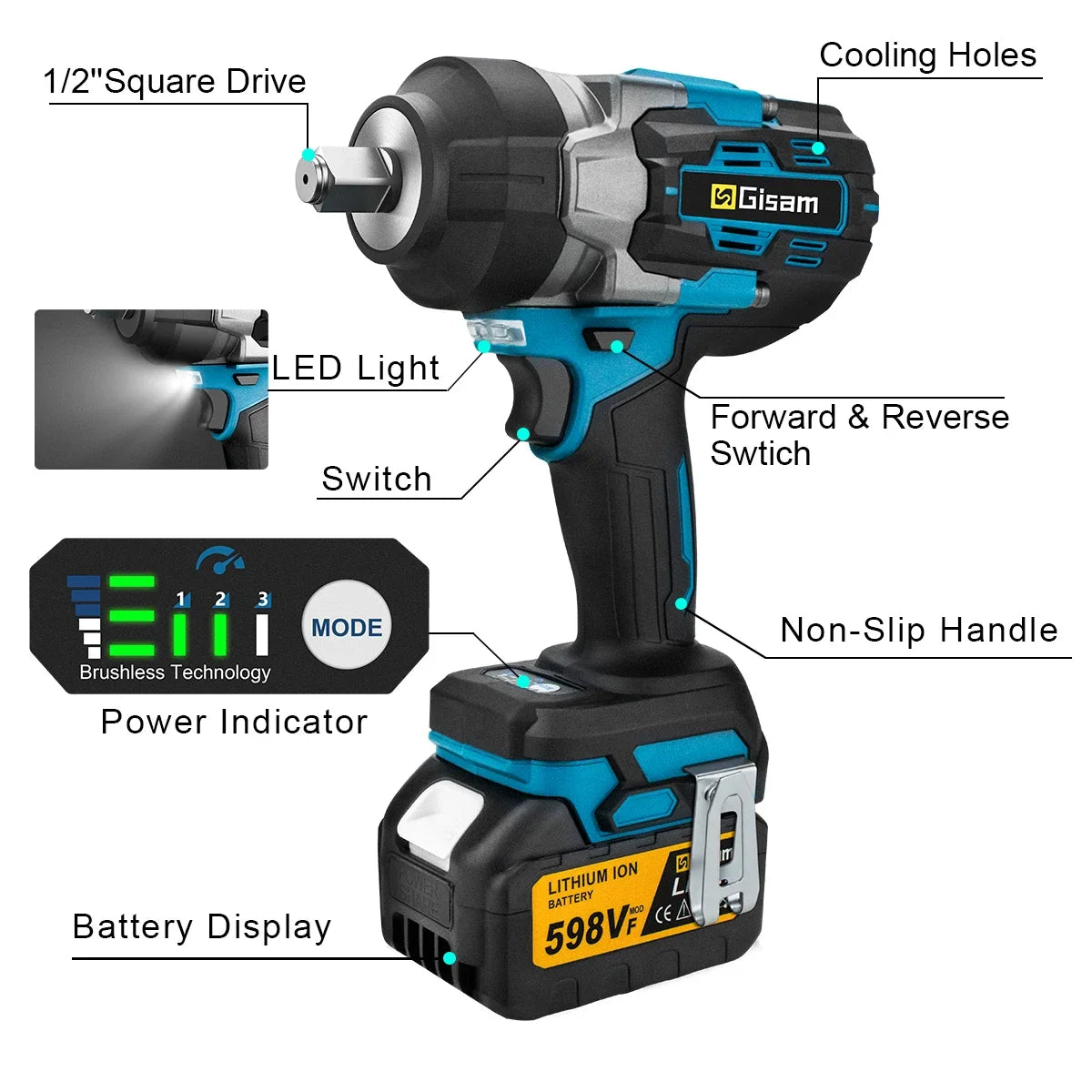 Makita compatible 18V JV Gisam 2800N.M Brushless Electric Wrench 1/2 Inch Cordless Impact Wrench Electirc Screwdriver Drill For Makita 18V Battery Pin