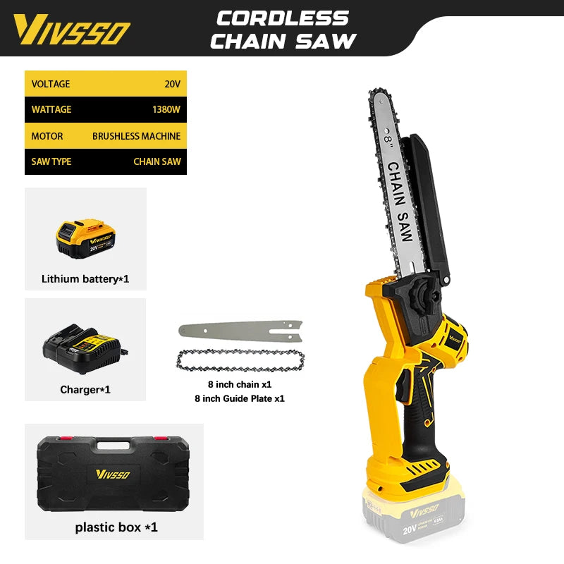 DeWalt Compatible JV 18V 20V Max VIVSSO Electric Chain Saw Rechargeable Woodworking Saw 8 Inch Mini Chain Saw Garden Pruning Saw Tool For Dewalt 20v Battery Pins