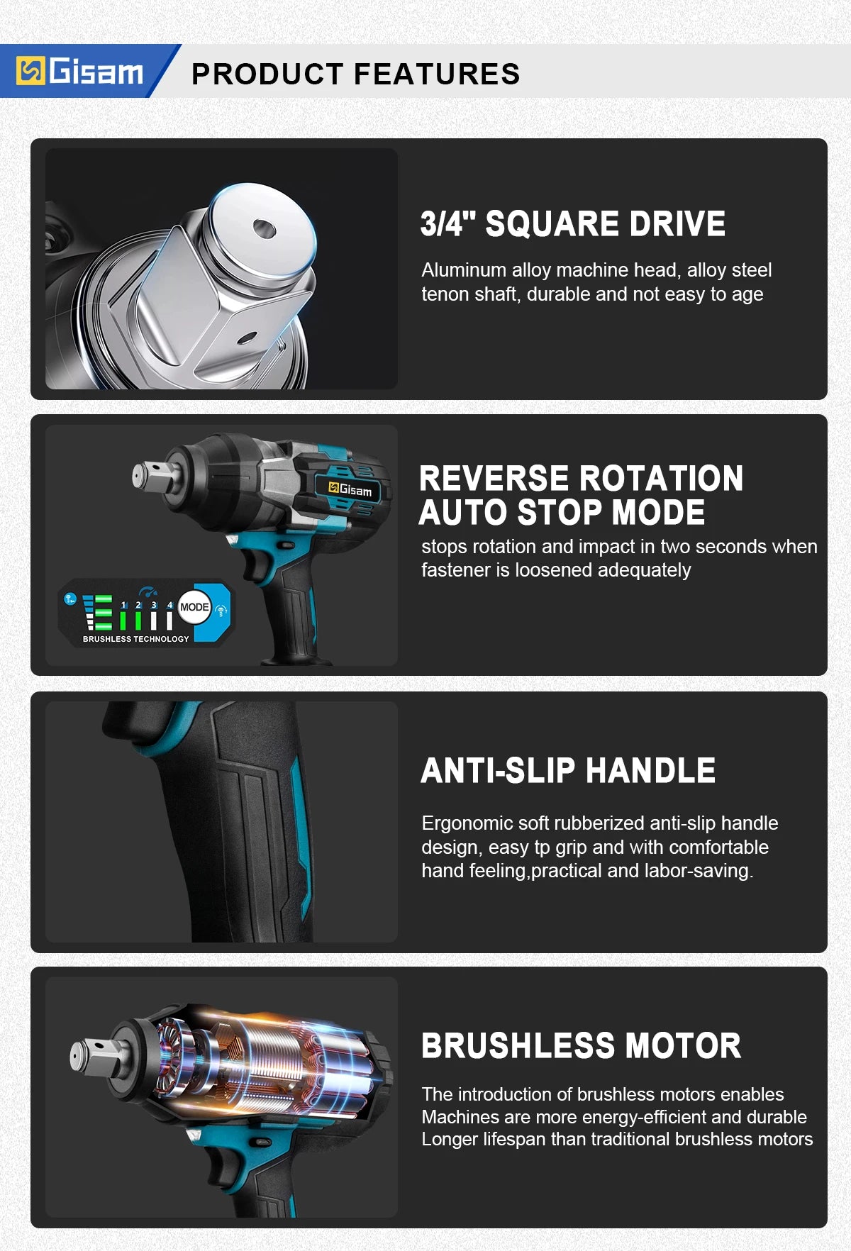 Makita compatible 18V Gisam 3100N.M High Torque Brushless Electric Impact Wrench 3/4 inch Cordless Electric Wrench Tools For Makita 18V Battery Pin