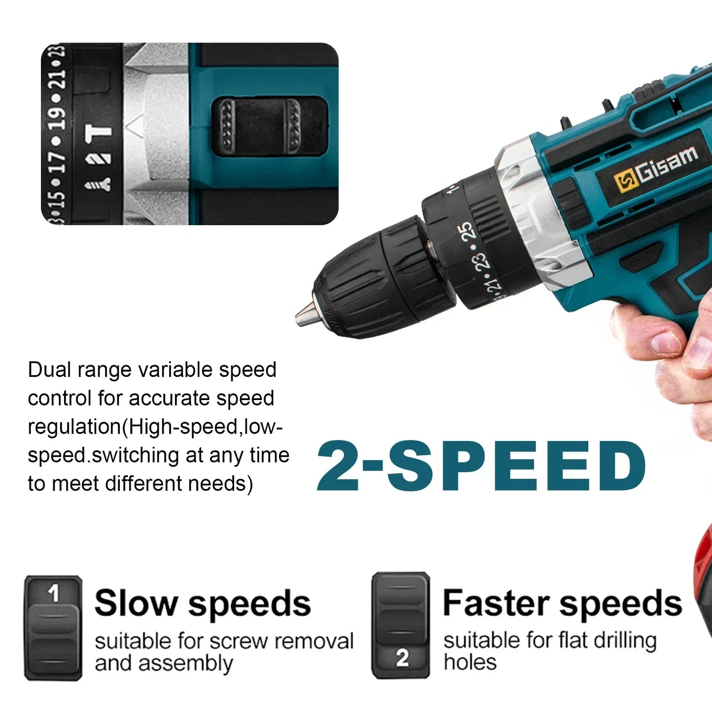 Makita Compatible 18V JV Gisam Cordless Impact Drill set with 2x batteries and charger Electric Screwdriver Rechargeable Handheld Hammer Drill Power Tool 25+3 Torque Driver Li-ion Battery