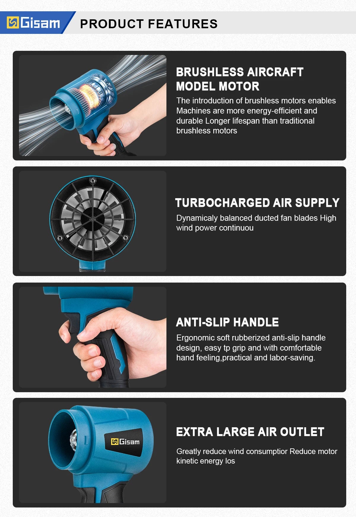 Makita Compatible 18V Gisam 300000RPM 400M/S Brushless Electric Turbo Blowers Jet Fan Handheld Leaf Blower Dust Blowing for Makita 18V Battery Pins