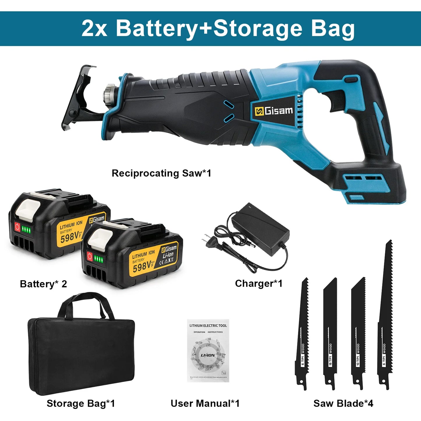 Makita Compatible 18V Gisam 3000W 10000SPM Electric Reciprocating Saw Electric Chainsaw Saber Saw Portable Cordless Tool For makita 18v battery pin
