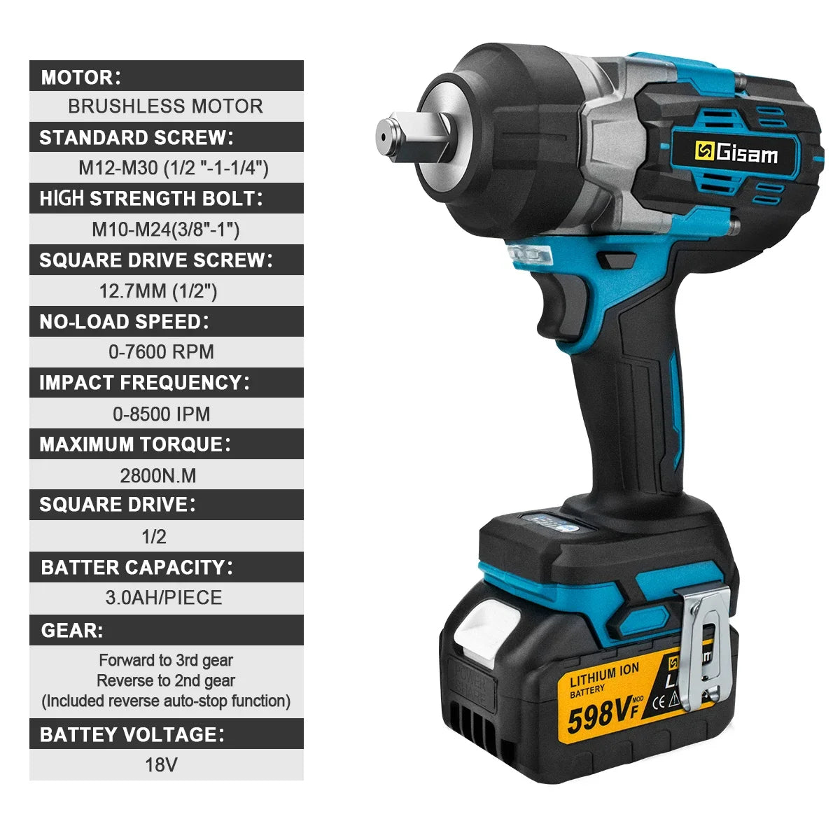 Makita compatible 18V JV Gisam 2800N.M Brushless Electric Wrench 1/2 Inch Cordless Impact Wrench Electirc Screwdriver Drill For Makita 18V Battery Pin