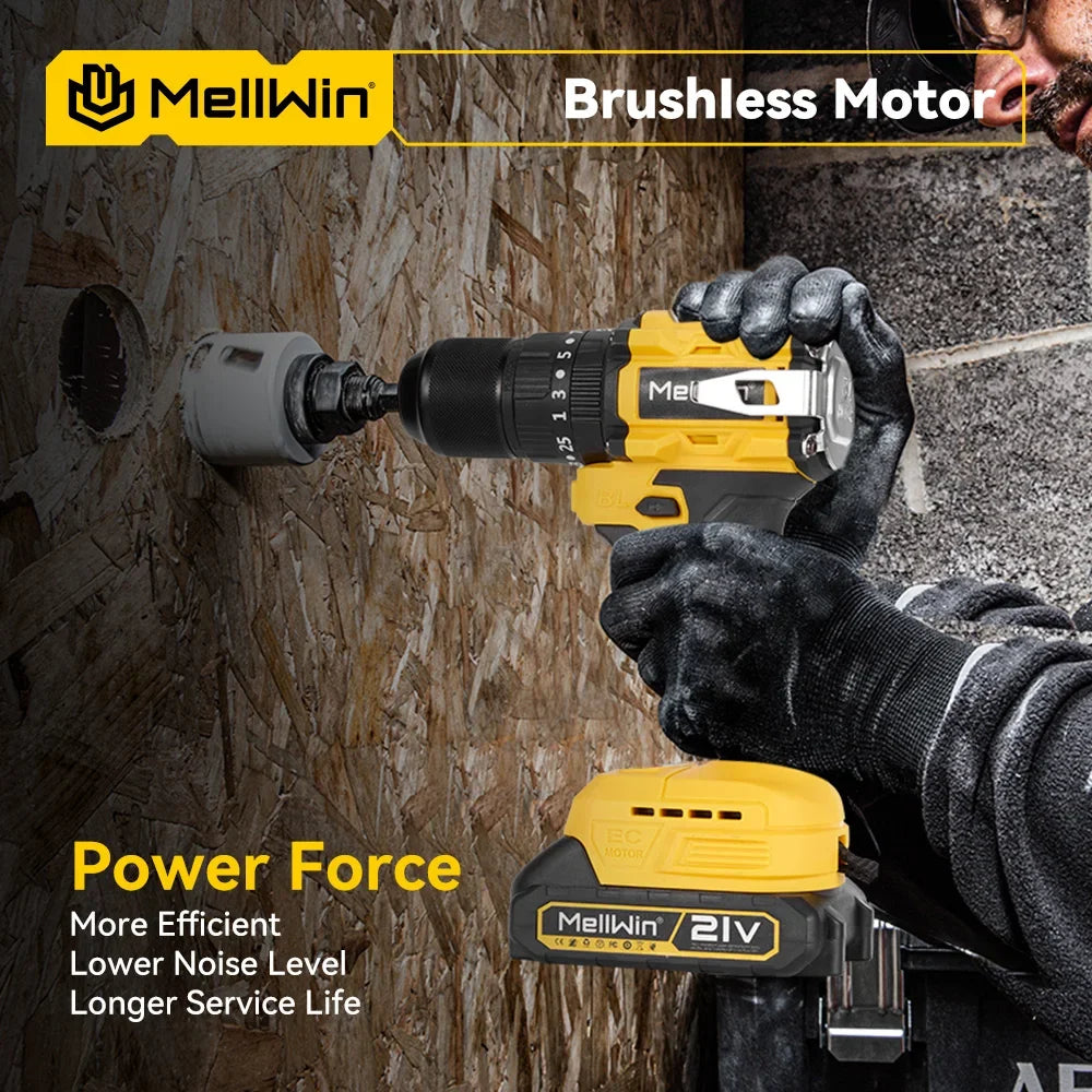 Makita Compatible 18V MELLWIN 13MM 25+3 Brushless Electric Hammer Drill Handheld Cordless Flat Drill Screwdriver Power Tools For Makita 18VBattery Pin