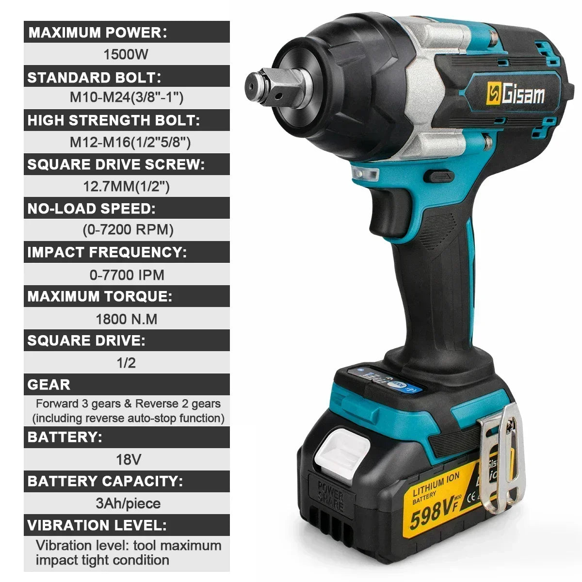 Makita 18V compatible Gisam 1800N.M Torque Brushless Electric Impact Wrench 1/2 inch Screwdriver Cordless Wrench Power Tool For Makita 18V Battery pin