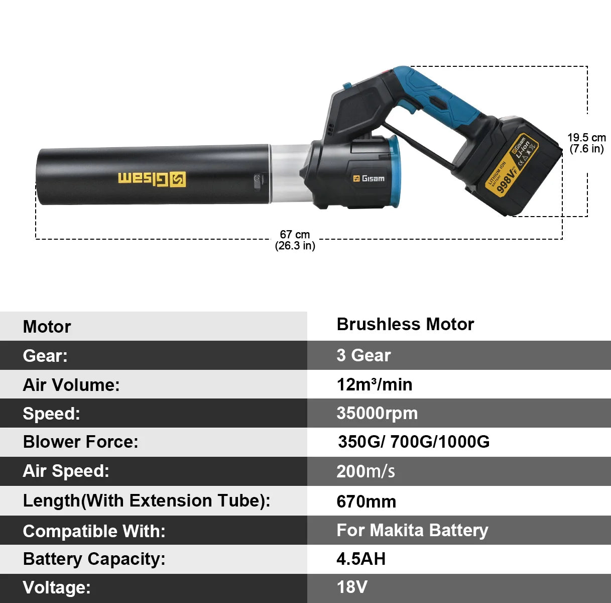 Makita Compatible 18V Gisam 35000RPM Brushless Electric Air Blower 2in1 Turbo Blower Fan Leaf Dust Snow Blowing Clean Tool For Makita 18V Battery Pin