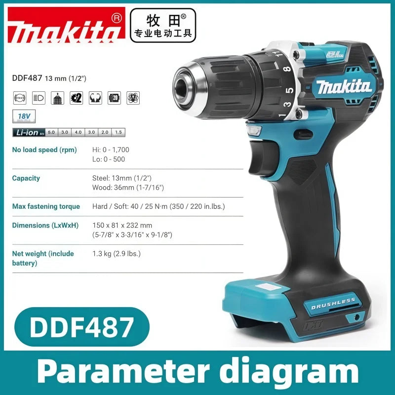 Makita Original 18V DDF487 and battery Combos Cordless Driver Drill Brushless Electric Impact Screwdriver 18V Rechargeable Power Tool