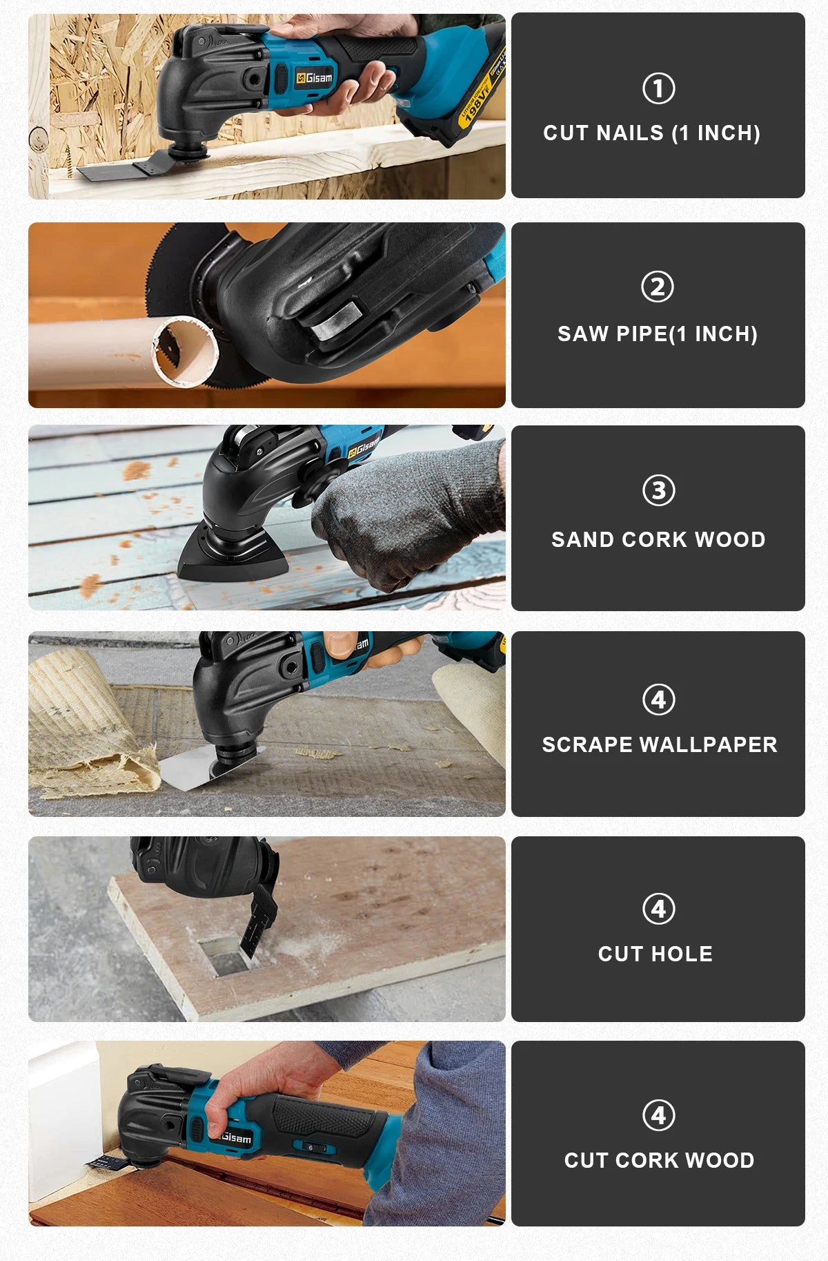Makita Compatible 18V Gisam 20000OPM Brushless Oscillating Multi Tools Function Tool 6Gears Electric Saw Trimmer Shovel for Makita 18V Battery Pin