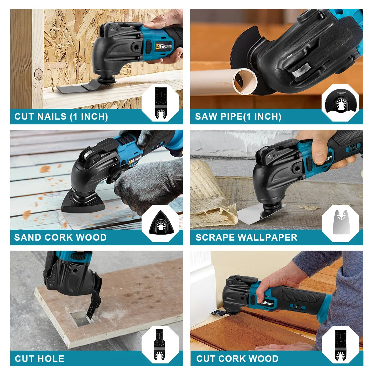 Makita Compatible 18V Gisam 20000OPM Brushless Oscillating Multi Tools Function Tool 6Gears Electric Saw Trimmer Shovel for Makita 18V Battery Pin