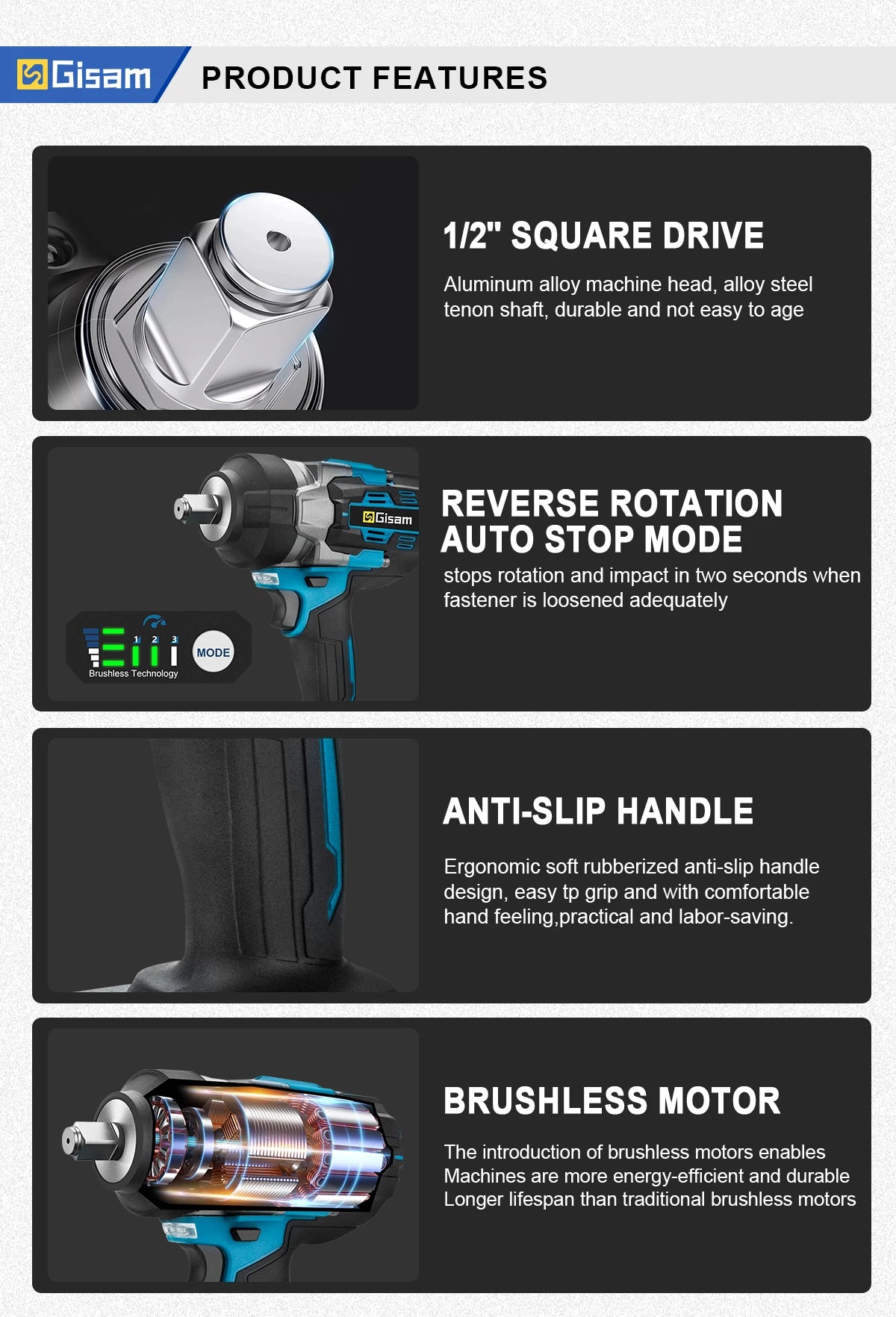 Makita 18V compatible Gisam 2800N.M Torque Brushless Electric Impact Wrench 1/2 inch Screwdriver Cordless Wrench Power Tool For Makita 18V Battery Pin