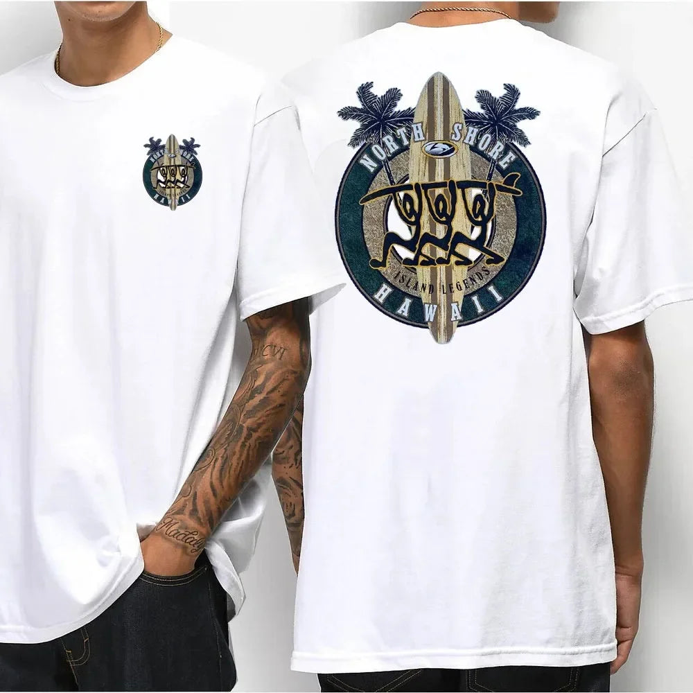 Hawaiian Traditions North Shore JV Printed Hawaii Surfing Men Women White High Qulaty Cotton T-shirt Comfortable Beach-style Surf Tee Tops