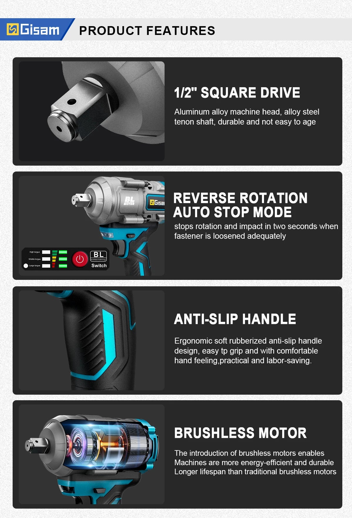Makita 18V Compatible Gisam 2000N.M Torque Brushless Electric Impact Wrench 1/2 inch Screwdriver Cordless Wrench Power Tool For Makita 18V Battery Pin