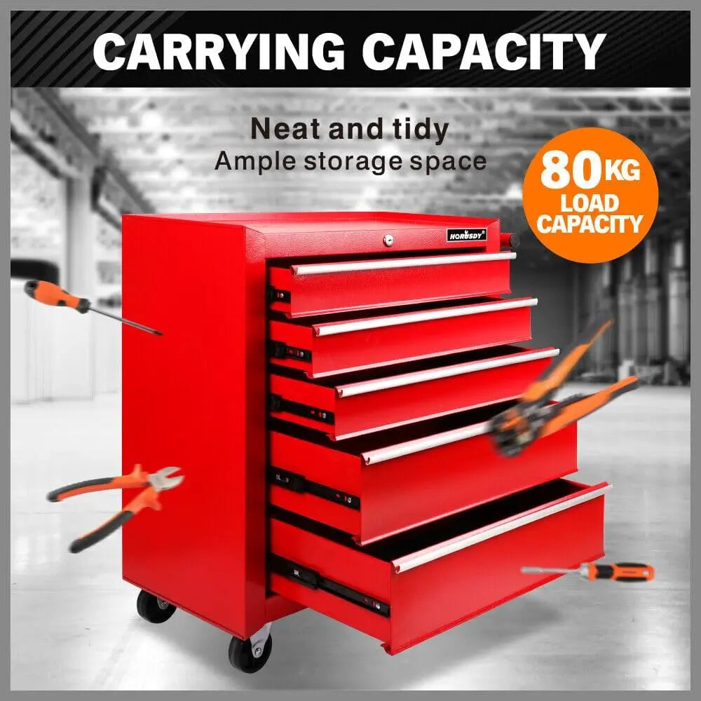 Tool Chest 5-Drawer Tool Cart, Lockable Storage Trolley Workshop Rolling Cabinet Tool Box Chest Organiser, 3" Swivel Wheels with Brake (Red