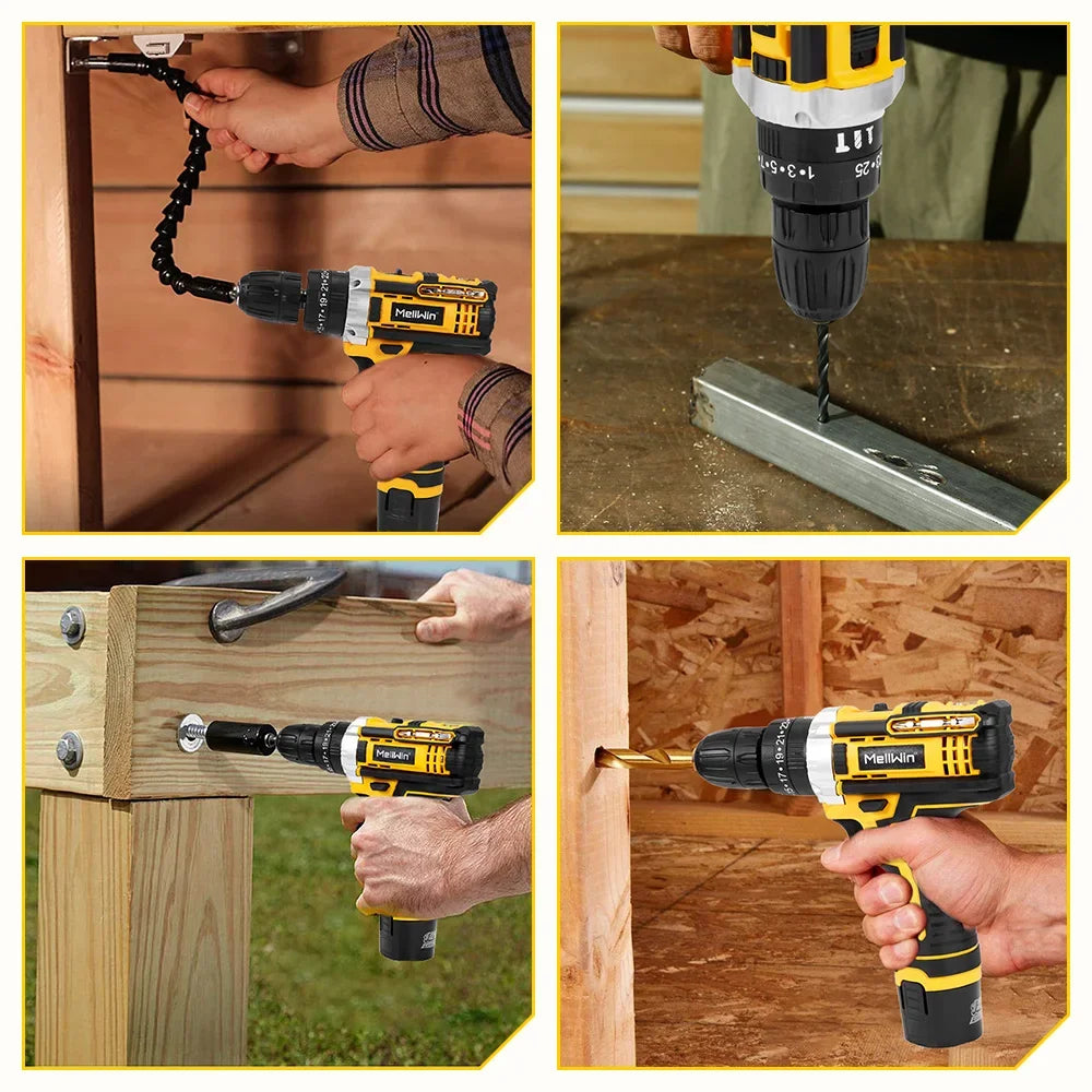 MELLWIN 25+3 Torque Electric Drill 12V Cordless Drill Electric Screwdriver 2 Gear Speed Adjustable Mini Electric Driver Tool Set