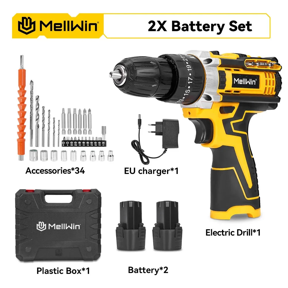 MELLWIN 25+3 Torque Electric Drill 12V Cordless Drill Electric Screwdriver 2 Gear Speed Adjustable Mini Electric Driver Tool Set