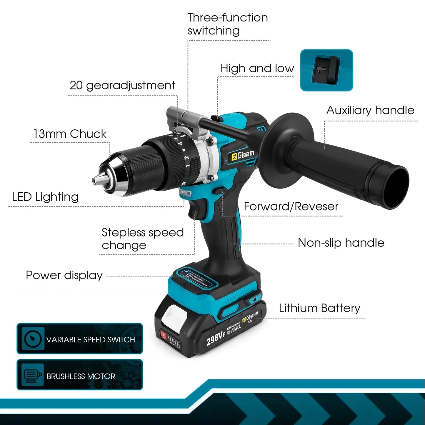 Makita Compatible 18V Gisam 650NM Brushless Electric Impact Drill 13MM Chuck Driver Cordless Electric Screwdriver Tool for Makita 18V Battery Pins