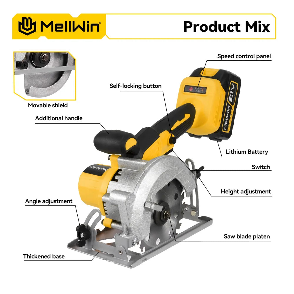 Makita Compatible 18V MELLWIN 5 Inch Electric Brushless Circular Saw 125MM Cordless Multi-Angle Saw Woodworking Power Tool For Makita 18V Battery Pin