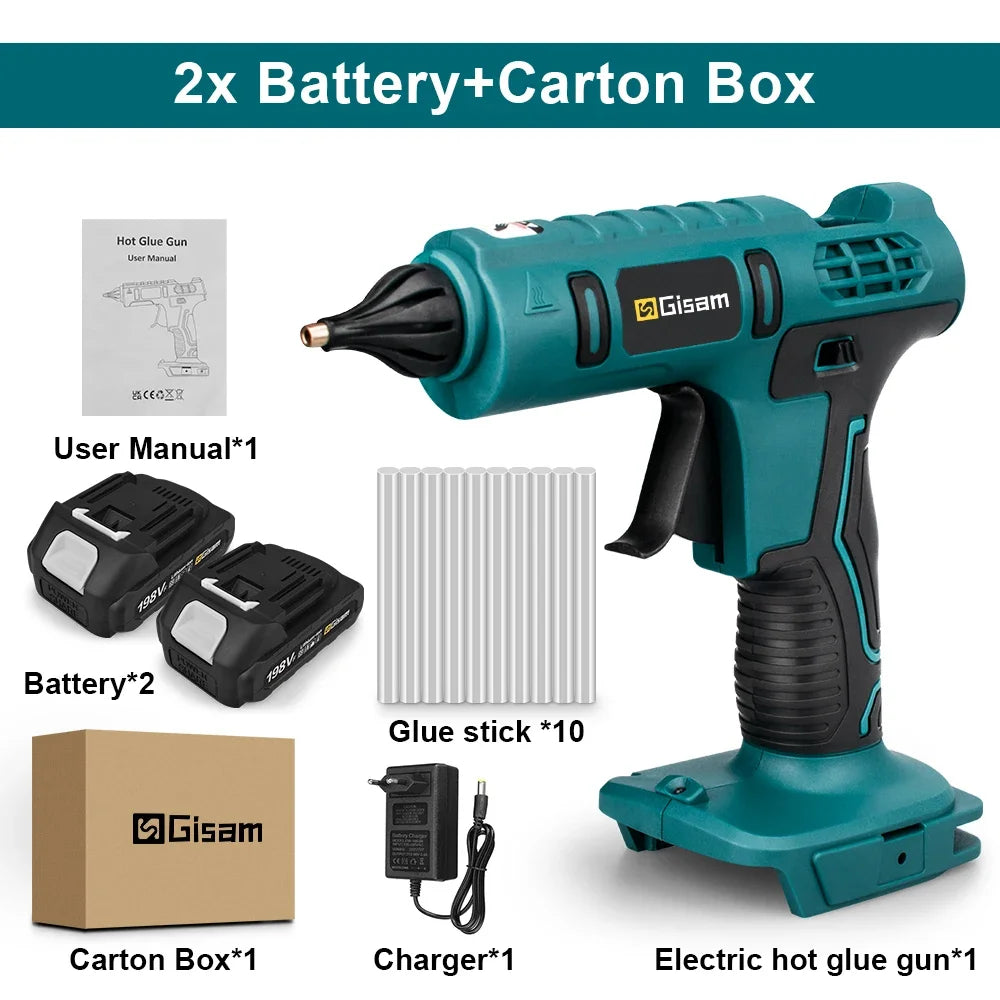 Makita compatible 18V Gisam Electric Hot Glue Gun with 2x batteries Cordless Heat Gun Battery Hot Silicone Gun DIY Hand Tool  for Makita 18V Battery with 10 Hot Melt Adhesive
