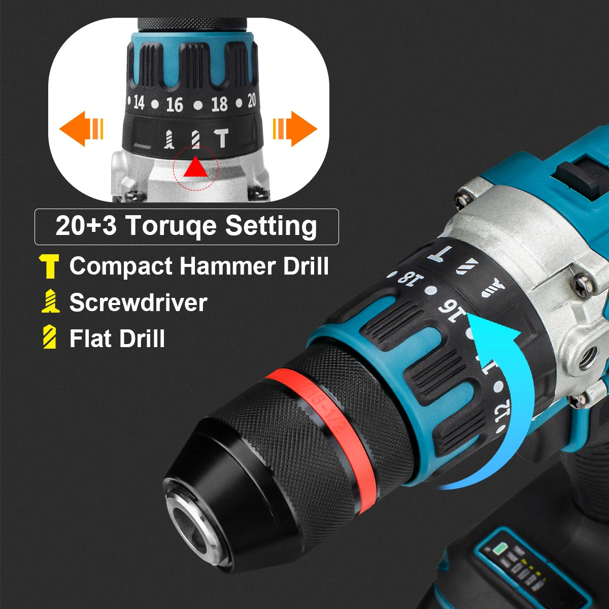 Makita Compatible 18V Gisam 13mm 480N.M Brushless Electric Impact Drill Cordless Drill Electric Screwdriver DIY Driver Power Tool for Makita 18V Battery Pin