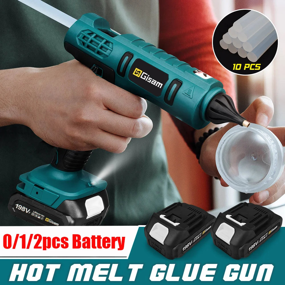 Makita compatible 18V Gisam Electric Hot Glue Gun with 2x batteries Cordless Heat Gun Battery Hot Silicone Gun DIY Hand Tool  for Makita 18V Battery with 10 Hot Melt Adhesive