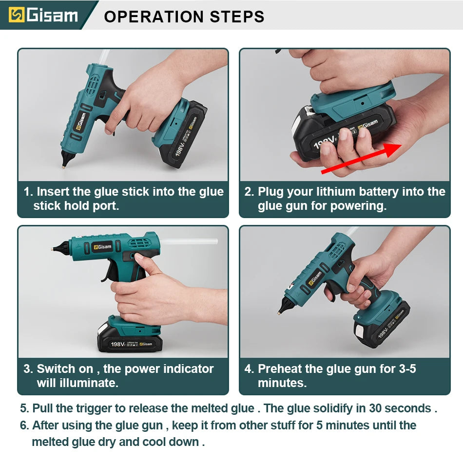 Makita compatible 18V Gisam Electric Hot Glue Gun with 2x batteries Cordless Heat Gun Battery Hot Silicone Gun DIY Hand Tool  for Makita 18V Battery with 10 Hot Melt Adhesive