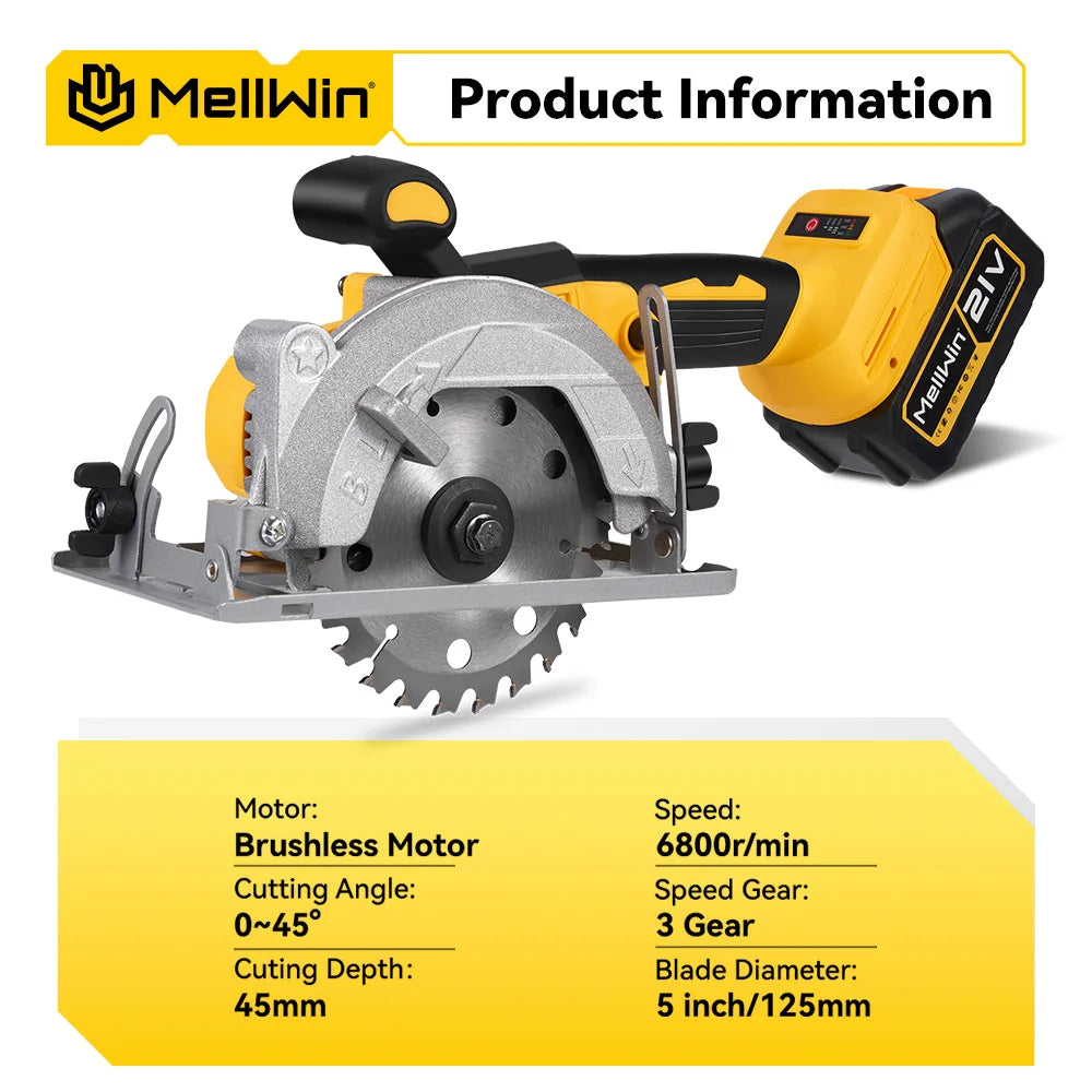 Makita Compatible 18V MELLWIN 5 Inch Electric Brushless Circular Saw 125MM Cordless Multi-Angle Saw Woodworking Power Tool For Makita 18V Battery Pin