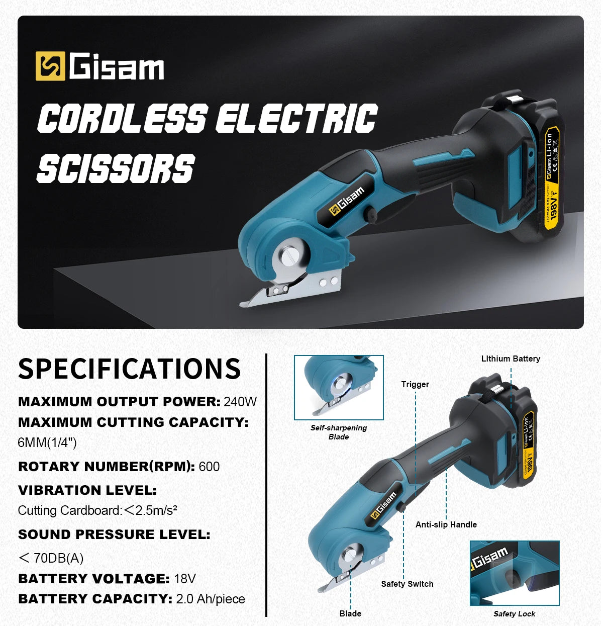 Makita Compatible 18V Gisam Cordless Carpet Scissors Multi Functional Pruner Round Knife Cutting Cloth Scissors Power Tool For makita 18v battery pins