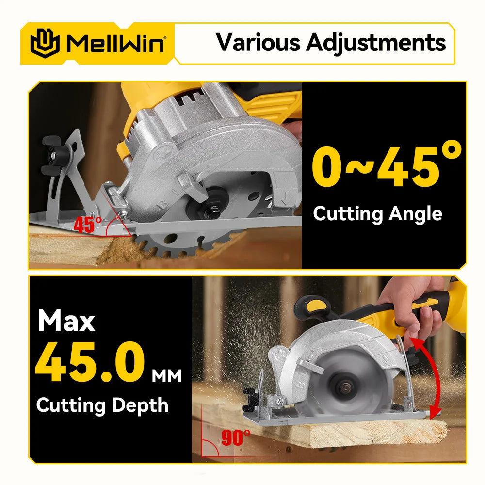 Makita Compatible 18V MELLWIN 5 Inch Electric Brushless Circular Saw 125MM Cordless Multi-Angle Saw Woodworking Power Tool For Makita 18V Battery Pin